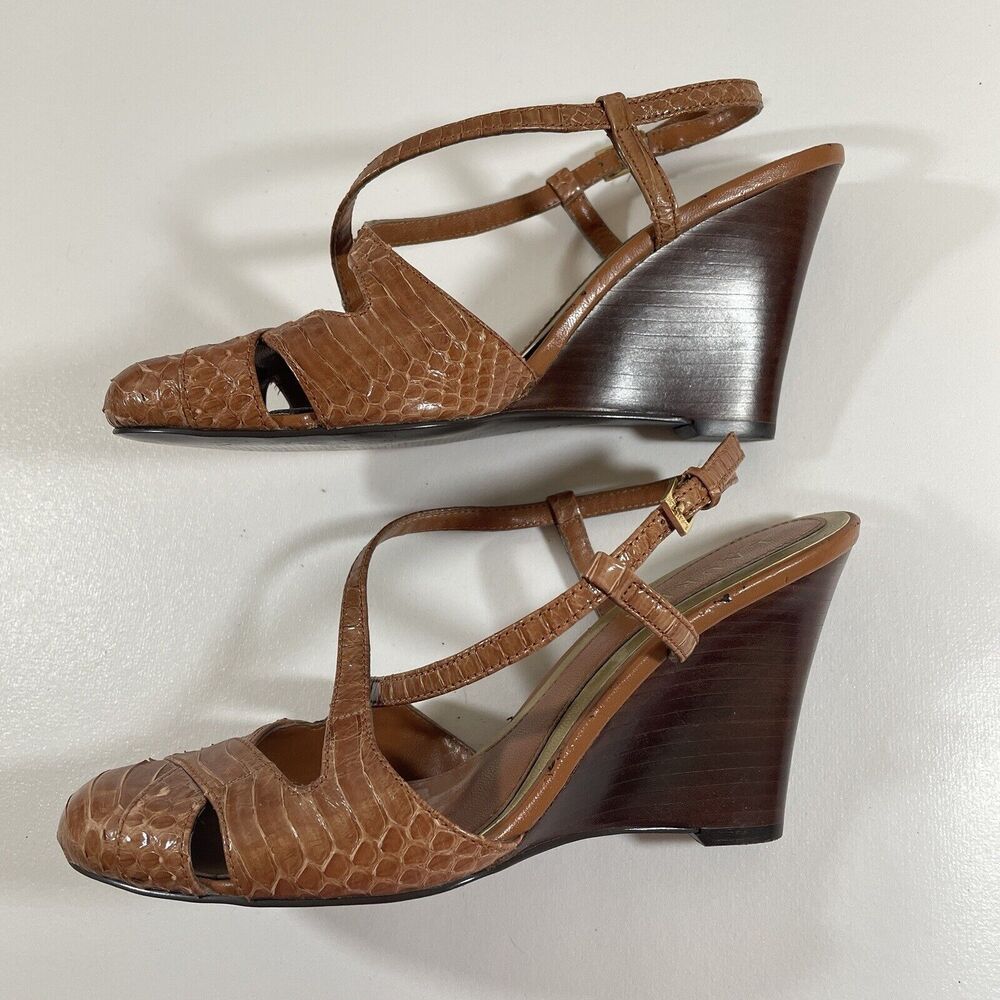 Womens Size 6 Ralph Lauren Brown Slingback Closed Toe Wedge Heel Snakeskin - Picture 11 of 16